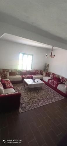 a living room with couches and a table on a rug at Villa tradesionelle in Ghazoua