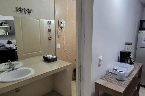 un baño con lavabo y espejo en Loft Centrico 3 camas matri, minisplit, estacionamiento, refrigerador,microhondas ( 3), en Ciudad Valles