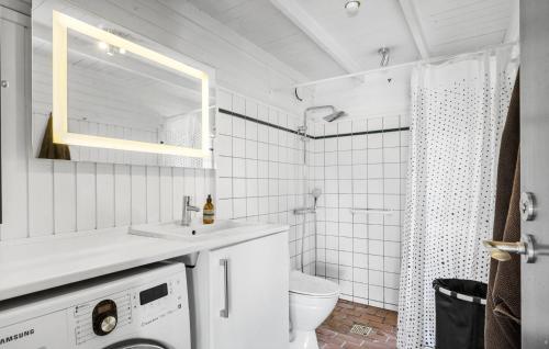 ein weißes Badezimmer mit einem Waschbecken und einer Waschmaschine in der Unterkunft 2 Bedroom Cozy Home In Tisvildeleje in Tisvildeleje