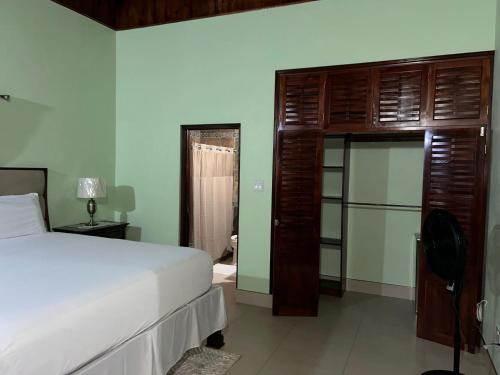 a bedroom with a bed and a large closet at White House by White River in Ocho Rios