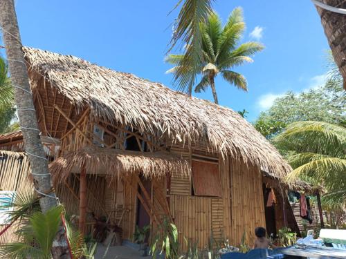 a hut with a straw roof and a palm tree at 8 Star Paradise in Locaroc