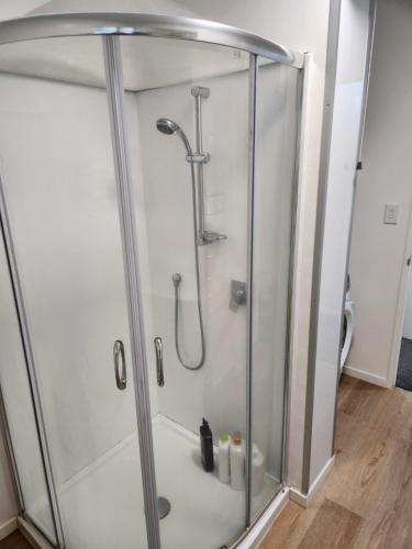 La salle de bains est pourvue d'une douche avec une porte en verre. dans l'établissement An inner city 4-bedroom house with two carparks, à Wellington