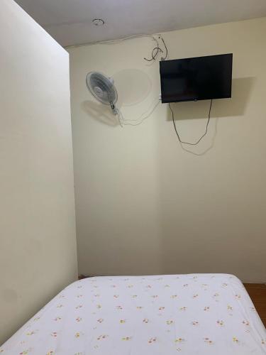 een slaapkamer met een bed en een tv aan de muur bij Casa Wong in Iquitos