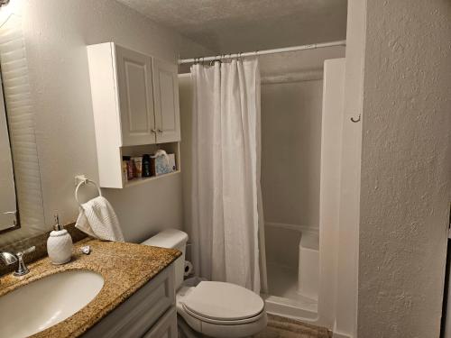 uma casa de banho com um WC, um lavatório e um chuveiro em Kona Mansions em Kailua-Kona
