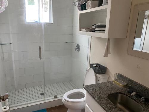 a bathroom with a shower and a toilet and a sink at Rio grand country getaway in Harlingen