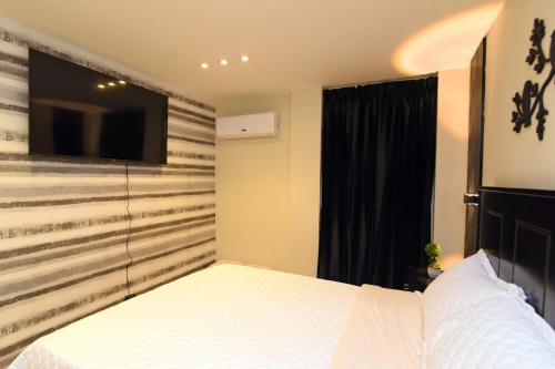 a bedroom with a bed and a tv on a wall at Solmi Rooms in Calero