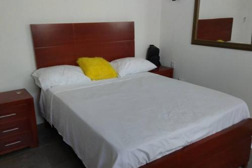 a bedroom with a bed with a yellow pillow on it at tropicana sur apt221 in Sosúa