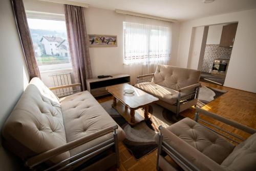 ein Wohnzimmer mit einem Sofa und einem Tisch in der Unterkunft 1BHK Appartment in Bosnia in Ilijaš