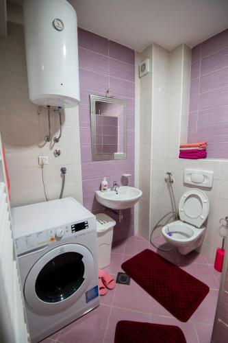 ein rosa und weißes Badezimmer mit einer Waschmaschine in der Unterkunft 1BHK Appartment in Bosnia in Ilijaš