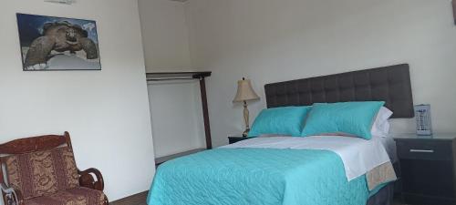 Schlafzimmer mit einem Bett mit blauer Bettwäsche und einem Stuhl in der Unterkunft La Candelaria, Casa de huéspedes. in Puerto Baquerizo Moreno