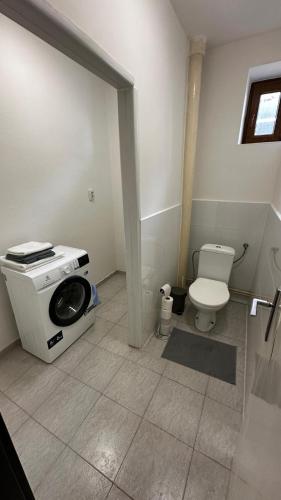 a bathroom with a toilet and a washing machine at DáMa in Ružomberok