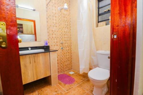 uma casa de banho com um WC, um lavatório e um espelho. em South Suites Studio apartments South B, Nairobi em Nairobi