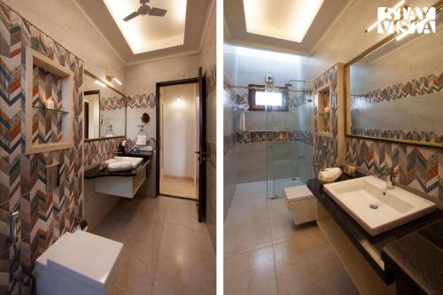 two pictures of a bathroom with a sink and a toilet at StayVista at Silver Oak Farm - Breakfast Included in Bengaluru