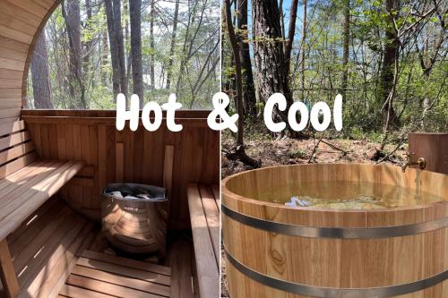 a wooden tub and a trash can on a deck at Origami Chalet With open Air bath in Hakuba