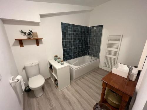 La salle de bains est pourvue de toilettes, d'une baignoire et d'un lavabo. dans l'établissement Studio avec extérieur, à Saint-Gilles