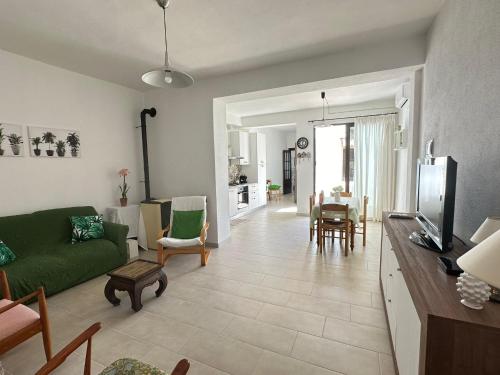 a living room with a green couch and a tv at Casa Locci in San Vito
