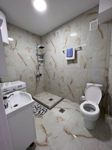a bathroom with a toilet and a sink at R&D Central Apartment in Prilep