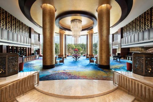 a rendering of the lobby of the mandarin oriental hotel at Shangri-La Wenzhou in Wenzhou