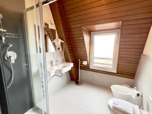 W łazience znajduje się prysznic, umywalka i toaleta. w obiekcie Hotel Regina del Bosco w mieście Ronzone