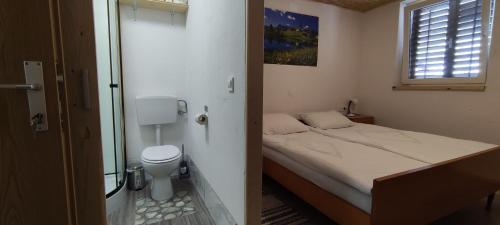 a small bedroom with a bed and a toilet at Domačija Markc in Železniki