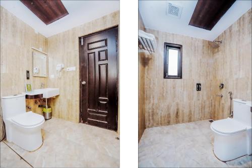 two pictures of a bathroom with a toilet and a door at Nature Valley View Resort Mashobra !! Luxury Choice !! gaming zone !! open terrace !! Big Parking in Shimla