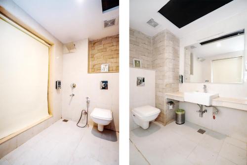 two pictures of a bathroom with a toilet and a sink at Nature Valley View Resort Mashobra !! Luxury Choice !! gaming zone !! open terrace !! Big Parking in Shimla