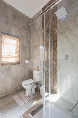 a bathroom with a toilet and a glass shower at Evans Village - Apartments & Spa in Johannesburg