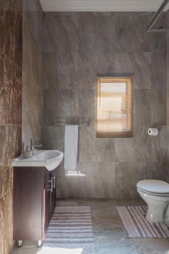 a bathroom with a sink and a toilet and a window at Evans Village - Apartments & Spa in Johannesburg