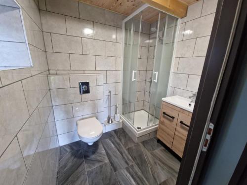 uma casa de banho com um chuveiro, um WC e um lavatório. em Roulotte La Maison Des Trois Grands em Sannat