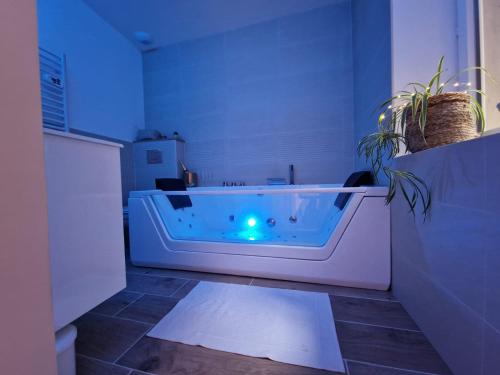 La salle de bains est pourvue d'une baignoire et d'une lumière bleue. dans l'établissement Lhôtel de la Poule et du Renard Appartement avec Balnéo terrasse dans le centre du vieux Millau, à Millau