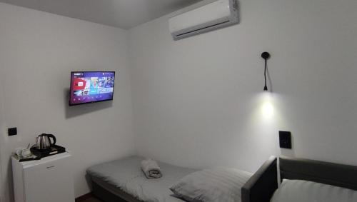 1 dormitorio con 1 cama y TV en la pared en ECO HOUSE, en Szypliszki