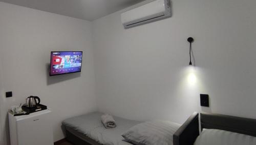 a bedroom with a bed and a tv on the wall at ECO HOUSE in Szypliszki