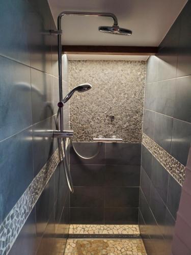 La salle de bains est pourvue d'une douche avec une porte en verre. dans l'établissement Mon cocon, à Xonrupt-Longemer