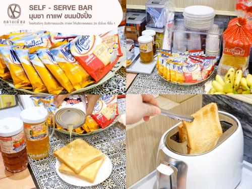 a collage of pictures with food and a toaster at Klaang Muang Hotel (โรงแรมกลางเมือง) in Rayong