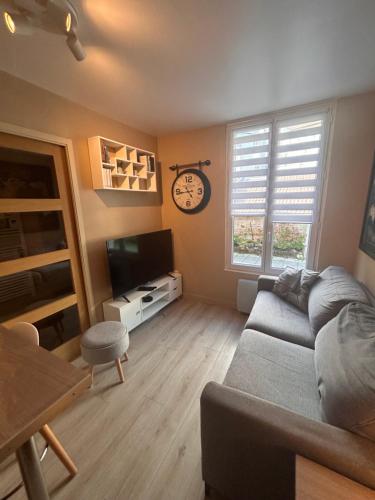 salon z kanapą i telewizorem w obiekcie Charmant appartement F1 w mieście Saint-Dizier