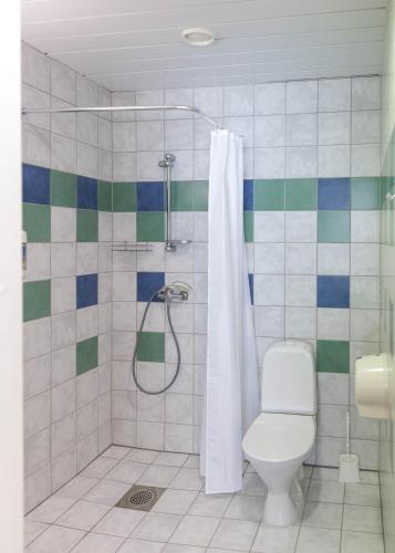 ein Bad mit einer Dusche und einem WC in der Unterkunft Grand Holm Kapteni apartment in Haapsalu
