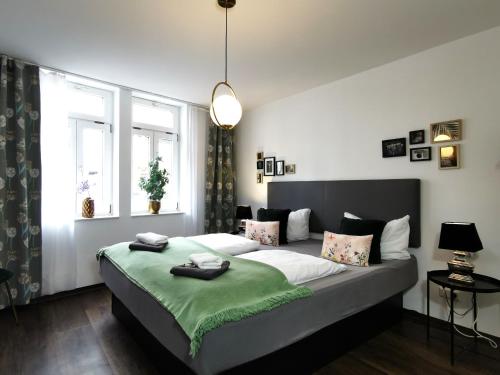 1 dormitorio con 1 cama grande y 2 ventanas en BohnApartments Am Anger - Zentrum - Vollausstattung - WLAN, en Erfurt