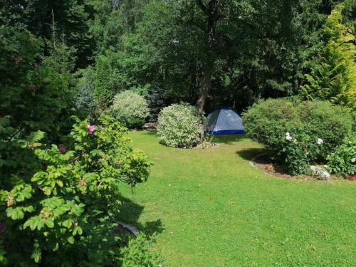 a blue tent in the middle of a garden at Liepu Residence in Olayne