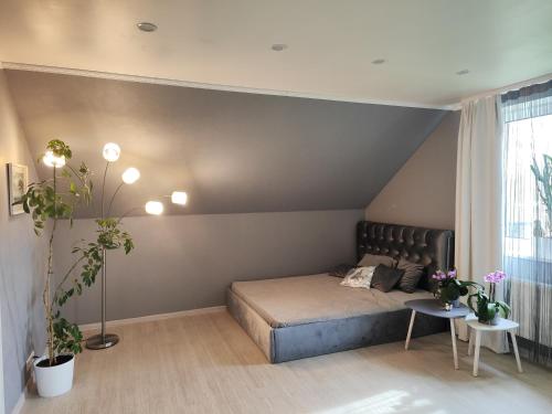 a small bedroom with a bed and a window at Liepu Residence in Olayne