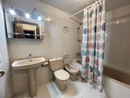 a bathroom with a sink toilet and a mirror at Apartamentos Valle de Inclés MIKKA 3000 in Soldeu