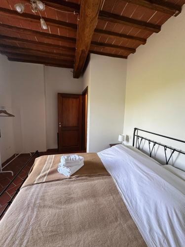 1 cama grande en un dormitorio con techo de madera en Casa Max, en San Gusmè
