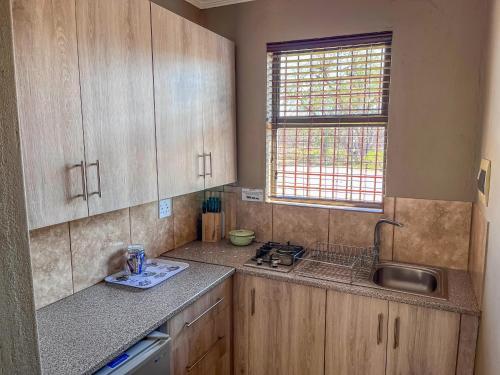 een keuken met houten kasten, een wastafel en een raam bij African Dream Tour in Hoedspruit