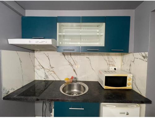 een keuken met blauwe kasten, een wastafel en een magnetron bij Studio confortable 5’ metro in Vitry-sur-Seine