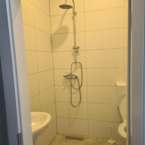 y baño con ducha y lavamanos. en Centru Oradea, en Oradea