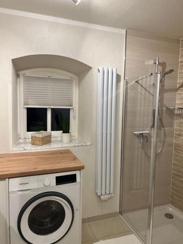 a bathroom with a washing machine and a shower at Ferienwohnung Kempkens -Hochwertig & modern in Straelen