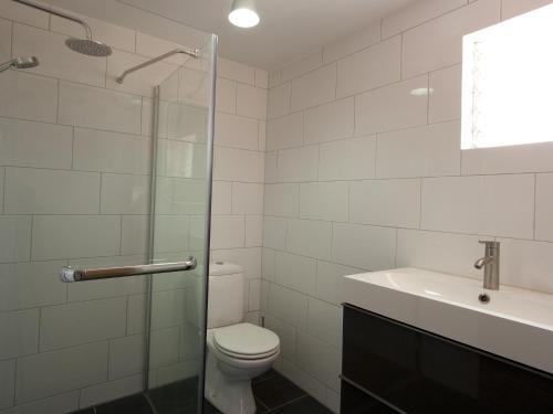 uma casa de banho com um WC, um lavatório e um chuveiro em Vista Marina em Kralendijk