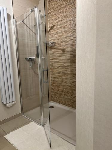a shower with a glass door in a bathroom at Ferienwohnung Kempkens -Hochwertig & modern in Straelen