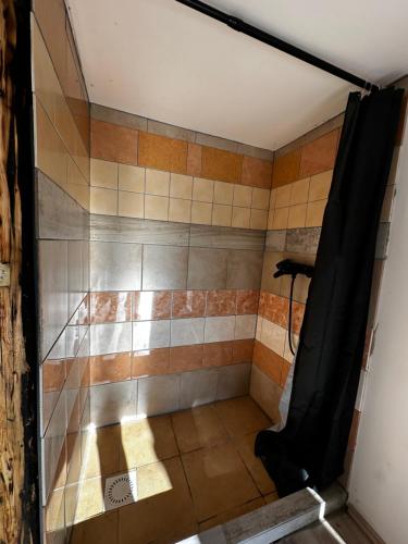 a shower in a bathroom with a tiled wall at Chata in Nové Město pod Smrkem