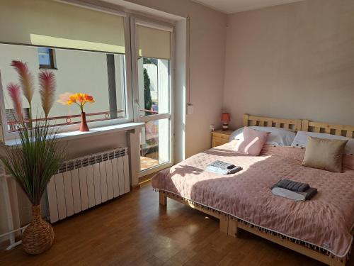 - une chambre avec un grand lit et une fenêtre dans l'établissement Pokoje Bory Tucholskie, à Tuchola