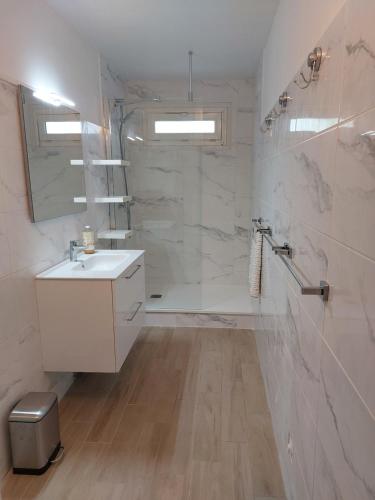 ein weißes Bad mit einem Waschbecken und einer Dusche in der Unterkunft l' Iris in Orvault